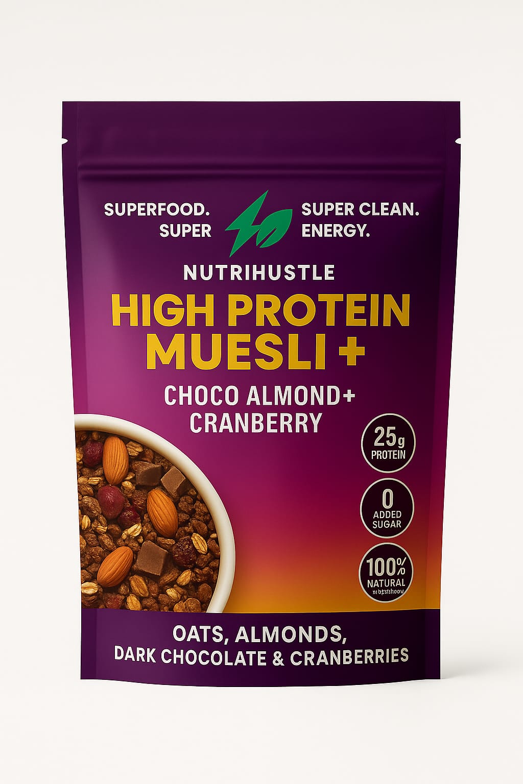 Nutrihustle High Protein Muesli Dark Chocolate & Cranberry 1kg, 25g Protein,